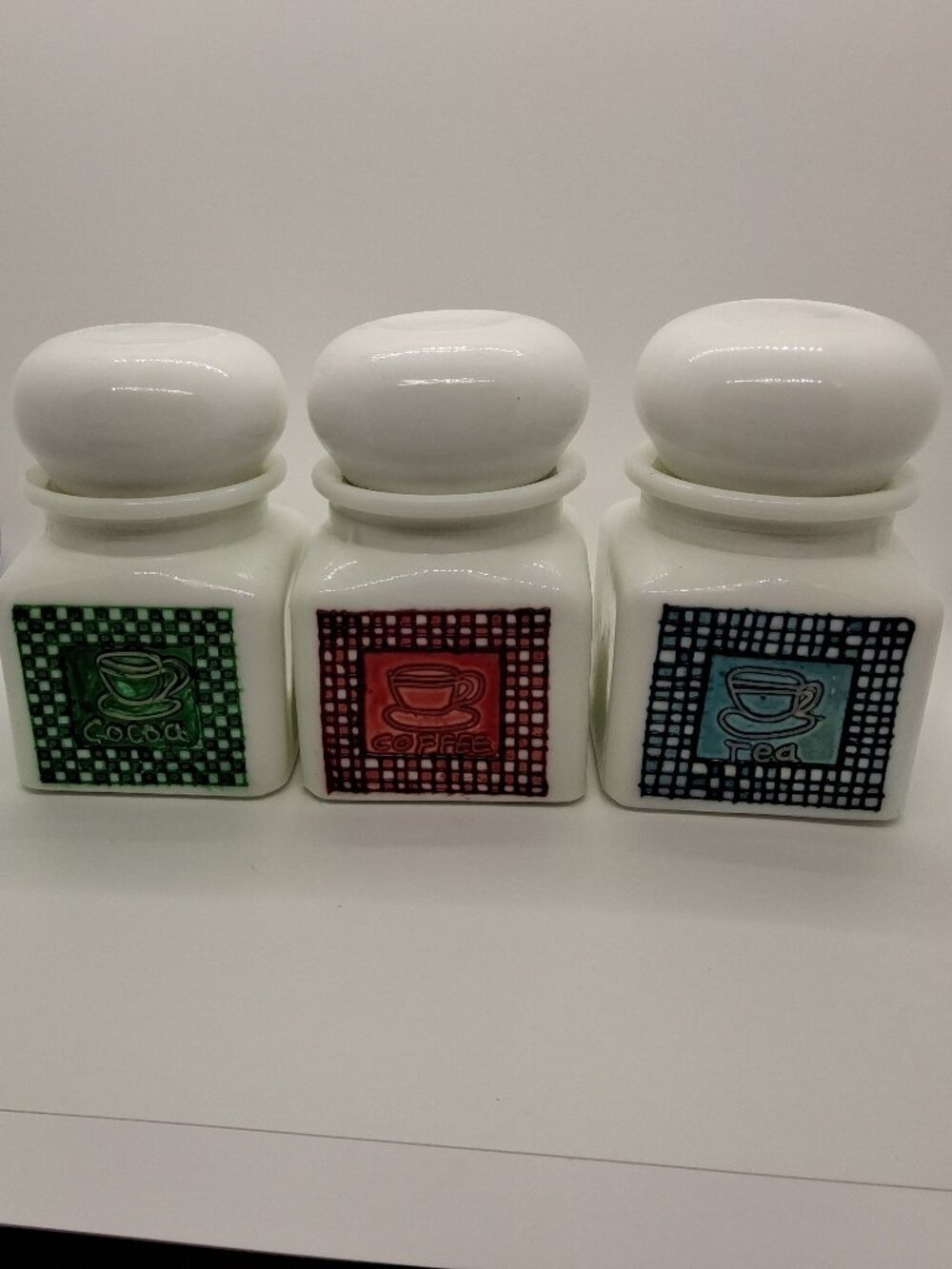 Rare Set of 3 Milk Glass Apothecary Kitchen Cannisters with Bubble Top ~ 1970's